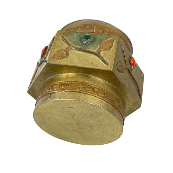 Vintage Chinese Brass Trinket Box With Enamel Inlays Decorative Lid Snuff - Picture 12 of 13